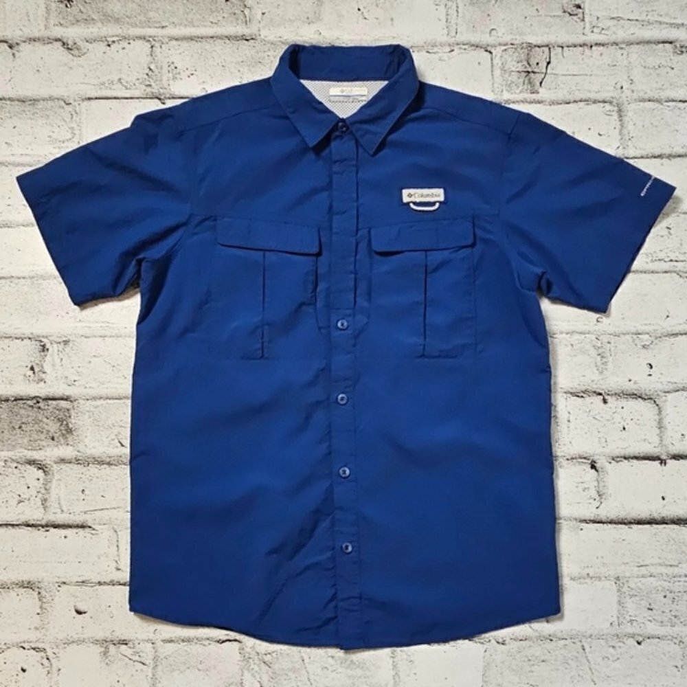 Columbia Omni Shield Explorer Short Sleeve Shirt Mens Medium Blue Hiking